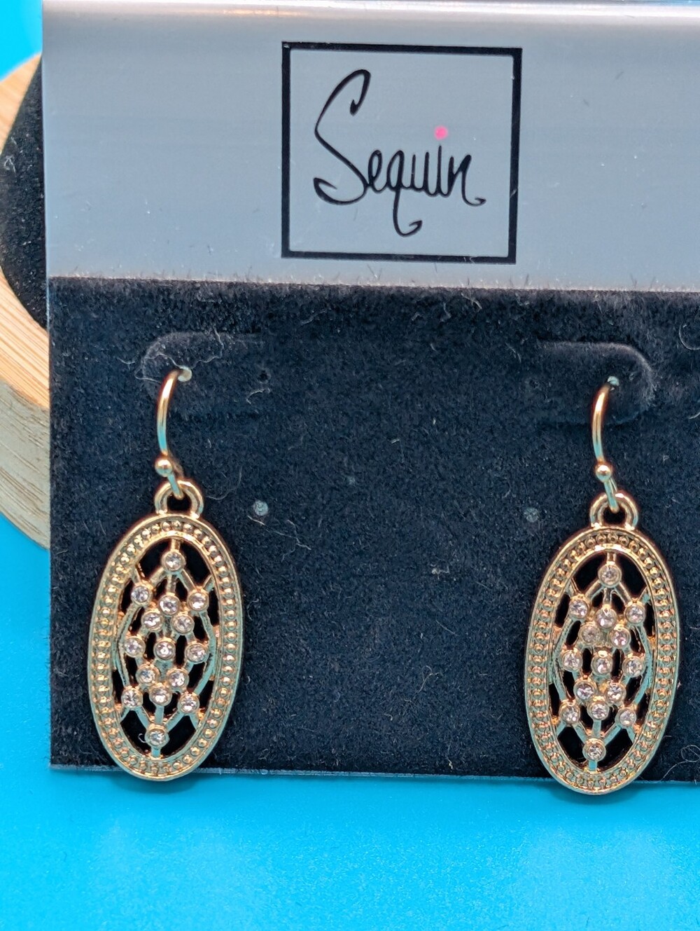 Sequin Gold Oval Drop Earrings with Crystal Accents
